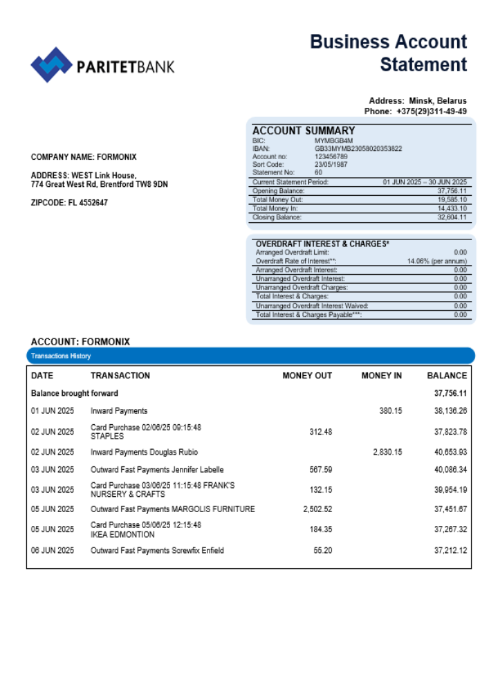 Extrait de compte société banque Paritet Format Word et PDF